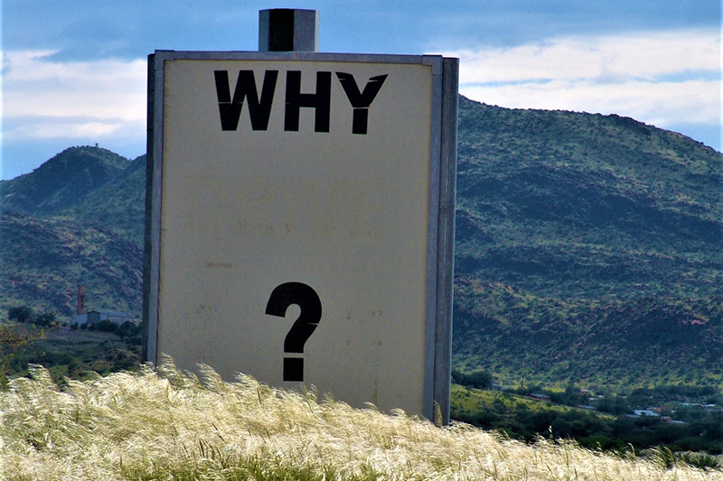 Foto met de tekst "why?" op een bord